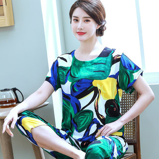 Spring and autumn cotton silk middle-aged and elderly pajamas ladies summer short-sleeved trousers large size suit thin cotton silk home clothes
