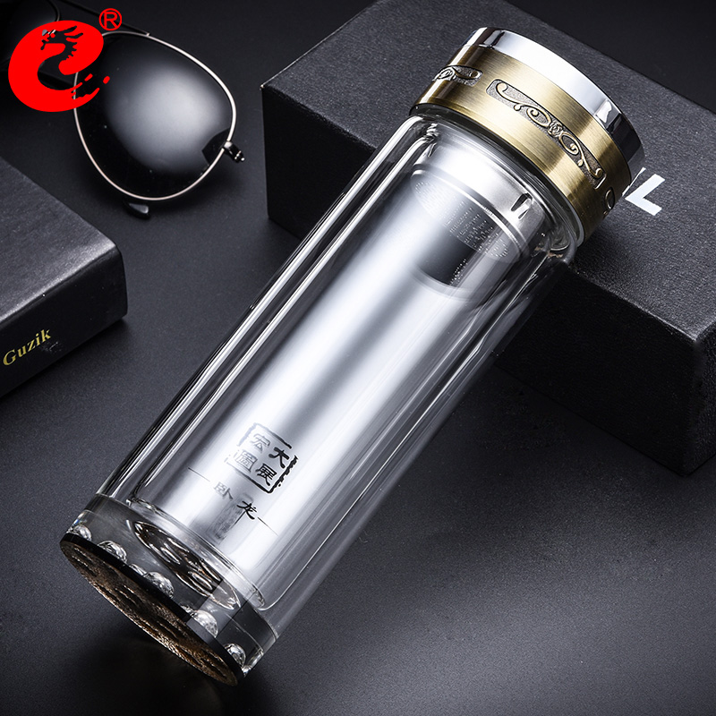 Wolong thickening double layer heat resistant glass male trendsBusiness car Bubble tea cup gift box crystal cup