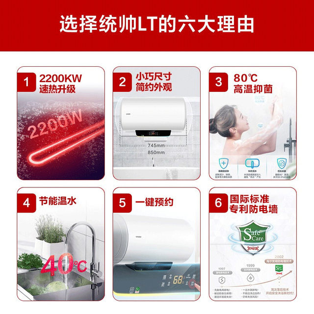 Leader/Tongshuai 50-Liter 2200W Household Energy-Saving Electric Water Heater 60-Liter Fast-Heating Storage Type Produced by Haier