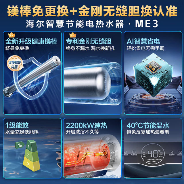 Haier 80-Liter 3000W Instant Water Heater, First-Class Energy Efficiency, Intelligent Control, Magnesium Rod, No Need to Replace, 60-Liter Ec8001-Me3U1