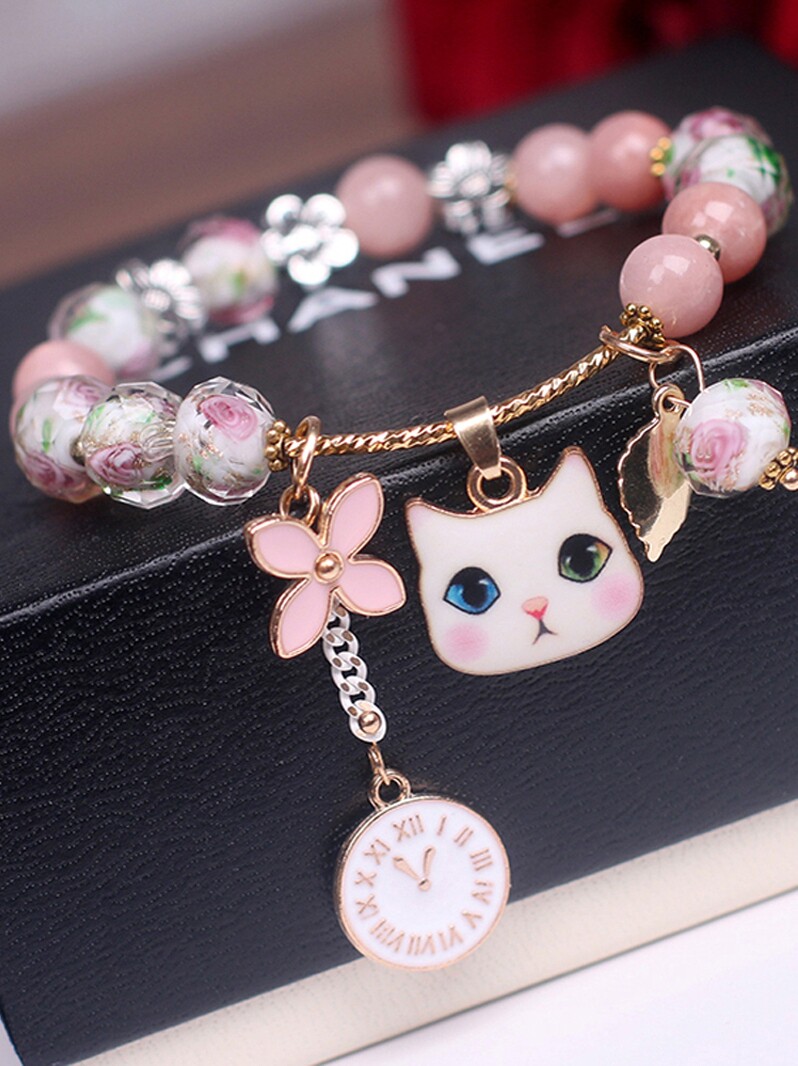 เครื่องประดับ สร้อยข้อมือ 韩国东大门甜美猫咪花朵钟表四叶草串珠学生闺蜜手链手串手饰品女  