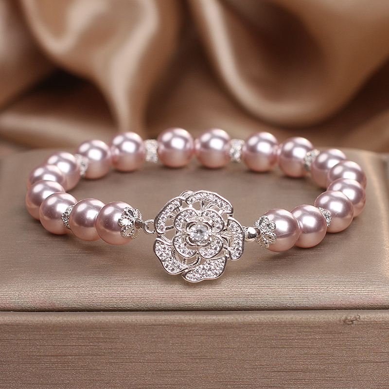 Shijia Light Pink Pearl Bracelet for Women, High-End and Elegant Camellia Beaded Bracelet, Gift for Girlfriend or Best Friend