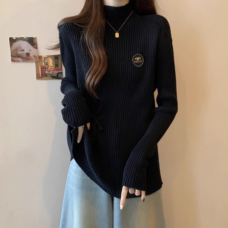 Plus-Size Half-Turtleneck Knitted Sweater for Women, Autumn and Winter, Slim-Fit Design with Drawstring, Long-Sleeve Top, Base Layer