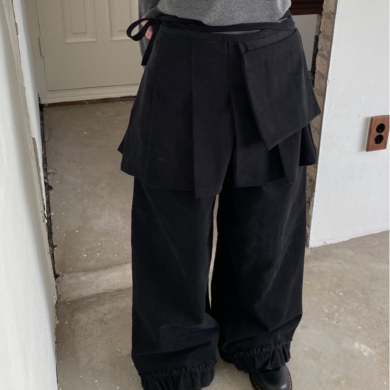 2025 Spring/Summer New Detachable Korean Ins Style Pleated Skirt Tie-Back Two-Piece Set with Lace Trim Solid Color Long Pants and Short Skirt