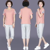 Fashion Moms Summer Clothing Short Sleeves Two Sets Middle-aged Ladies 2019 New Middle Aged Womens Printed Cotton Linen Pants Suit