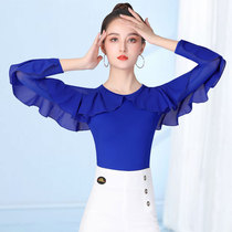 Dambo Romorden Dance Dress Ice Silk Screen Yarn Lotus Leaf Side Middle Sleeve Blue Interdance Dancer High End Latin Dance Blouse