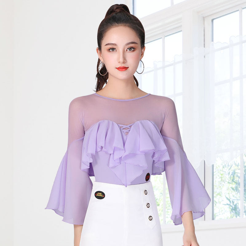 Waltz blouses women rehearsks for trumpets flutzing sleeves Fashion pretty dance clothes Akio high-end Latin dance Twin Dancing Costumes