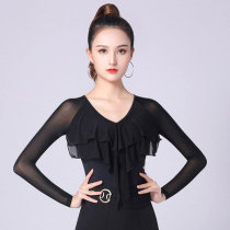 Dampao Roo V Collar Morden Dance Blouse Autumn Front Chest Lotus Leaf Ballroom Dancer Dress New long sleeve Latin dance T-shirt