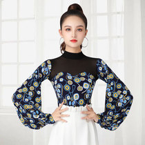 Dambao Rooku National Standard Dance Jacket Woman Long Sleeve Conjoined Spring Autumn With Chest Cushion Mesh Yarn High Collar Waltz Dance Morden Dance Wear