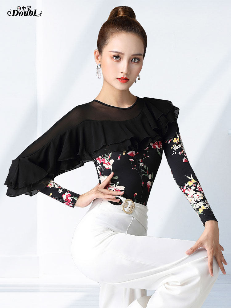 Dan Baoluo social dance clothing ruffled dance dress one-piece Latin dance dress long-sleeved round neck modern dance top