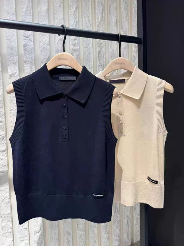 【+ Series】Authentic Knitwear 2025 Spring New Arrival Sheep Wool Polo Collar Sleeveless Short Style Mbe1Swt016