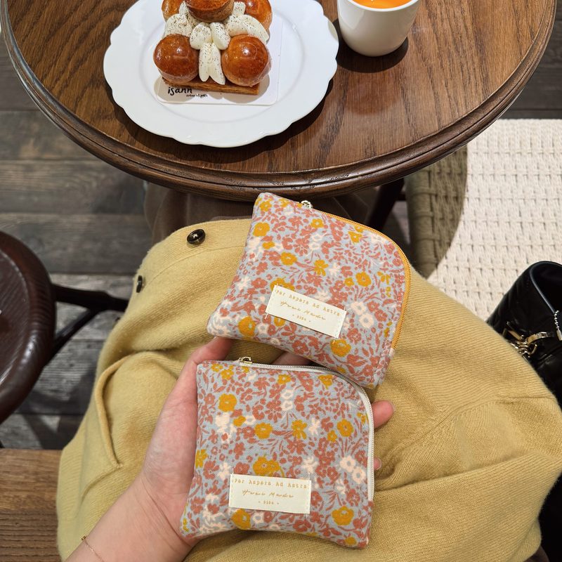 Hezi Original Handmade Small Cardholder and Coin Purse, Autumn/Winter Brushed Fabric, Turmeric Brown, Korean-Style Floral Print, Earphone and Lipstick Pouch