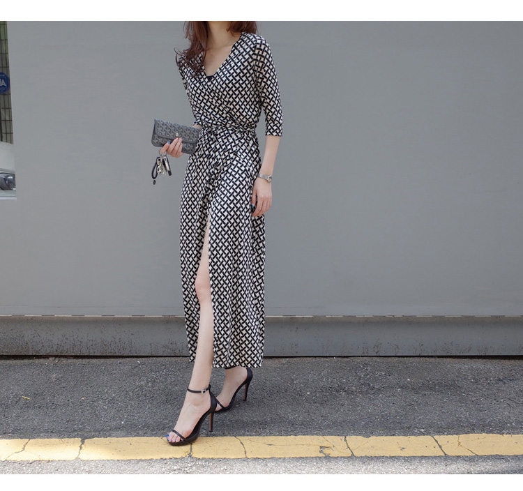 Hàn Quốc 2017 mới V-slim slim váy dài tay in bãi biển kỳ nghỉ hè dài phần váy tầng dài
