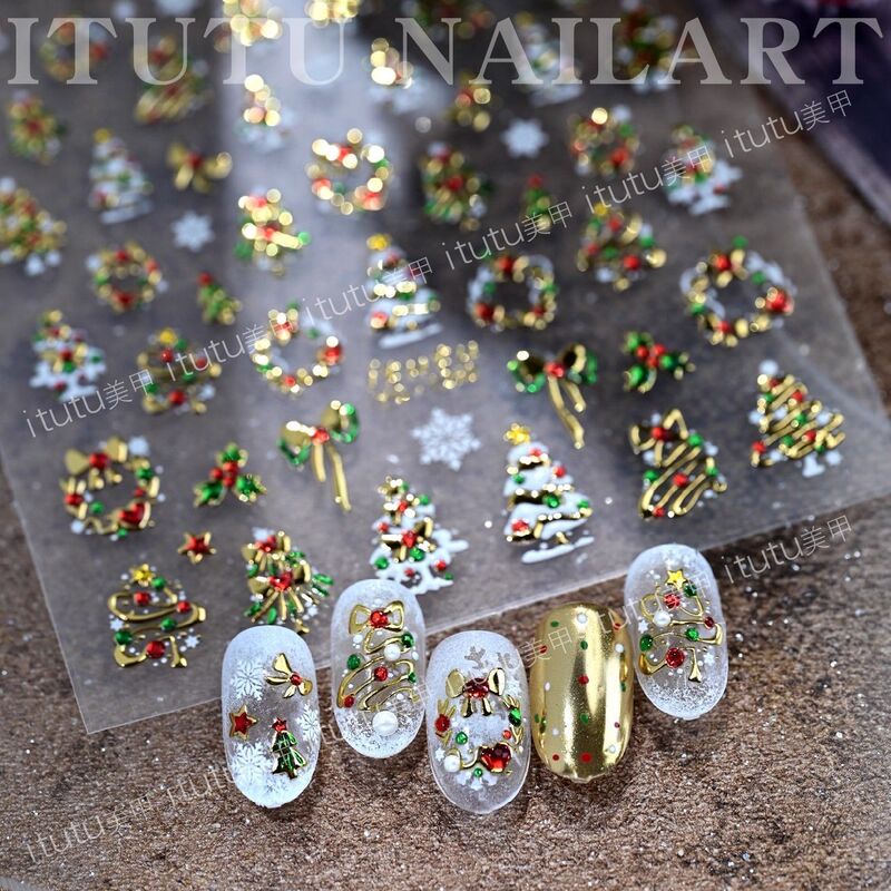 2025 New High-Quality Gold Foil Sparkling Colorful Christmas 3D Adhesive Nail Stickers Brightening Decorative Stickers