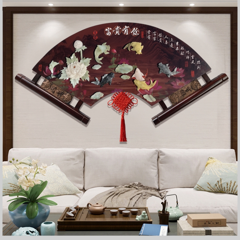 Living room decorated painting sofa background wall Chinese style fan hanging painting restaurant wall jade sculpture painting