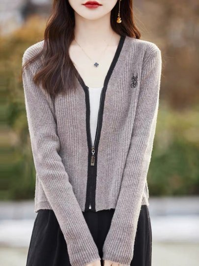 春季100%纯羊毛V领短款高腰刺绣拉链羊绒开衫时尚毛外套DYMT8178