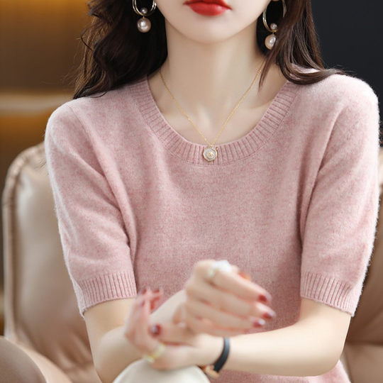 Otoño e invierno 2022 Cuello redondo Cachemira de manga corta Suéter suelto para mujer Camisa de fondo fino 100% lana pura tejida Mujer de manga media