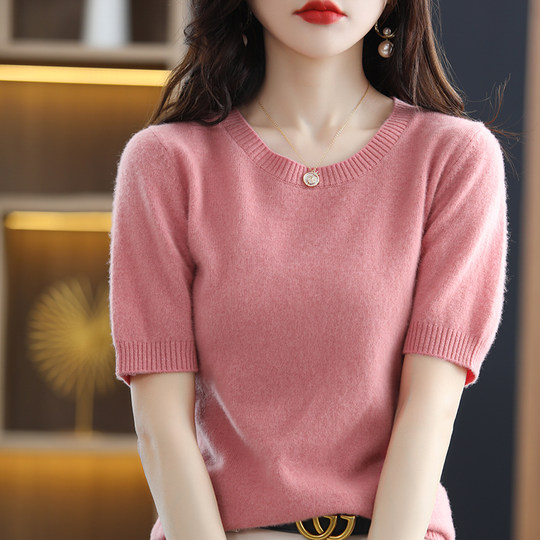 Otoño e invierno 2022 Cuello redondo Cachemira de manga corta Suéter suelto para mujer Camisa de fondo fino 100% lana pura tejida Mujer de manga media