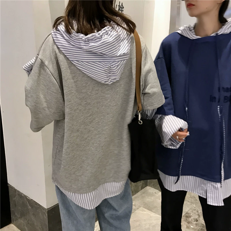 Phong cách Harajuku oversize lỏng lẻo đầu trùm đầu thêu thư dài tay giả hai mảnh siêu lửa áo len bất thường mùa thu áo khoác nữ cao cấp