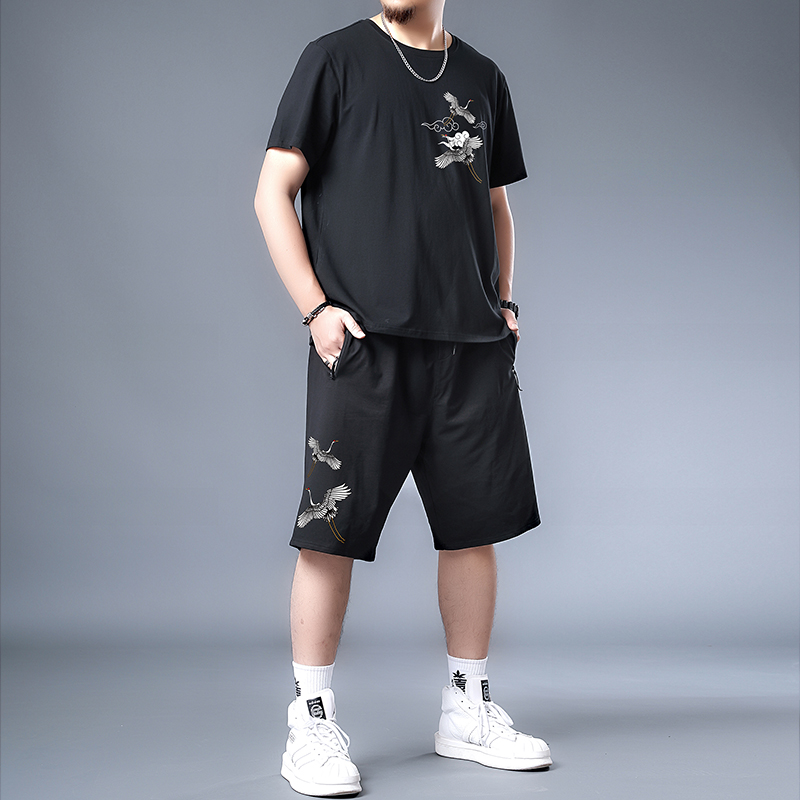 trendy fat summer casual suit men's fattening plus loose capris two piece one suit large sportswear