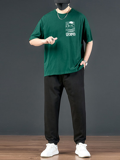 Мужская футболка больших размеров с коротким рукавом, новая летняя модная модель в американском стиле, свободный крой для высоких и крупных мужчин, повседневный спортивный комплект.