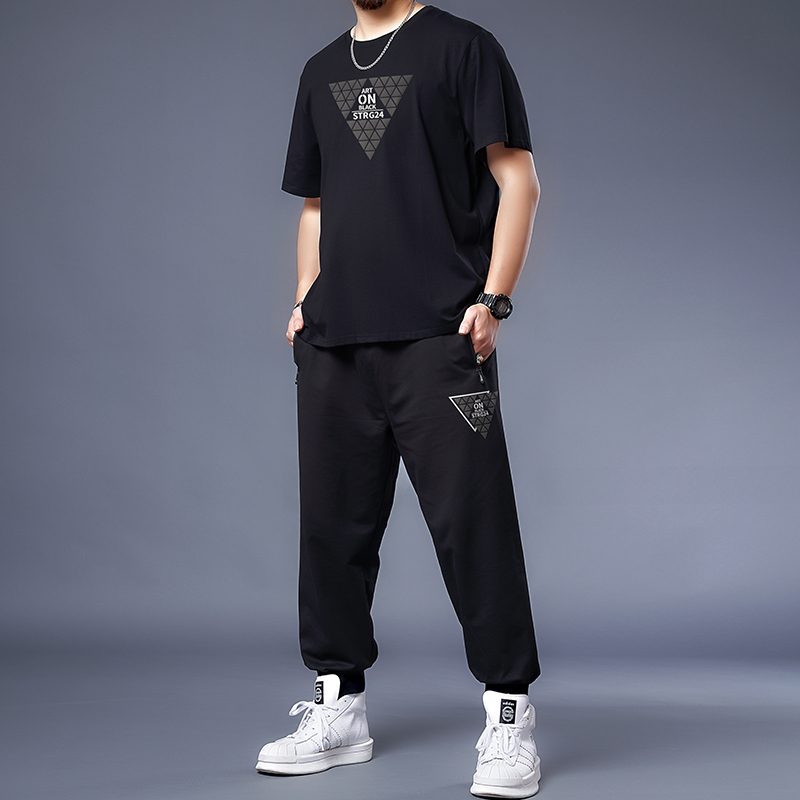 trendy fat summer casual suit men's fattening plus loose capris two piece one suit large sportswear