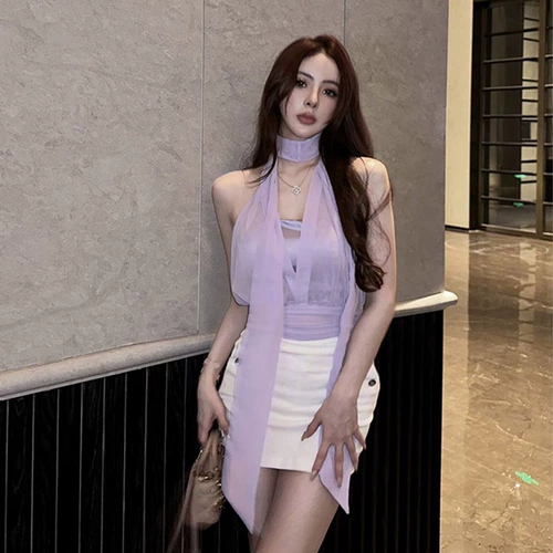 Сексуальная шифоновая летняя небольшая дизайнерская футболка без рукавов, V-образный вырез, 2024 года, тренд сезона