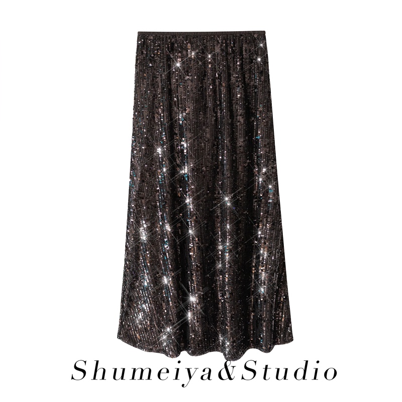 European and American Style Heavy-Duty Sequined Skirt, Light Luxury Slim-Fit Mid-Length A-Line Dress for Women
