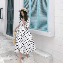 Zhou Ting temperament waist black and white polo dress female spring French retro dress fairy dress chic dress chic gentle skirt summer