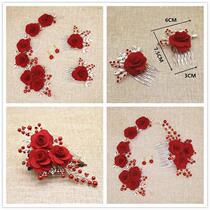 Vintage style pull flower hair ornaments Hair comb set red wedding bride toast dress headdress rose fabric pearl