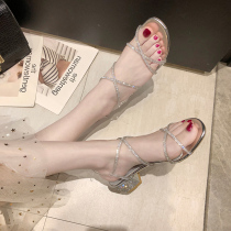 Lips high heels rhinestone medium heel thick heel new Roman sandals women 2020 wild word with fairy wind summer