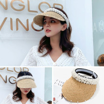 Hollow pearl hat holiday hat sunscreen Korean version tide beach straw hat female net red sun ins no top visor