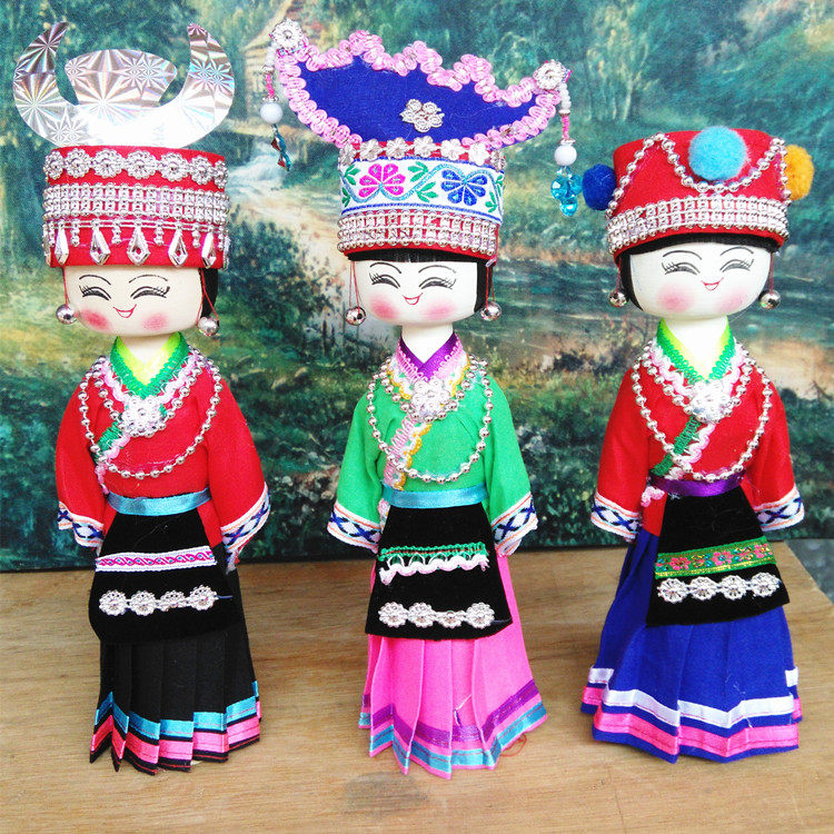 Yunnan Guangxi Ethnic Minority Dolls Handmade Puppet Burqon Handicraft Swing Adorned Wood Toys Teaching Eva
