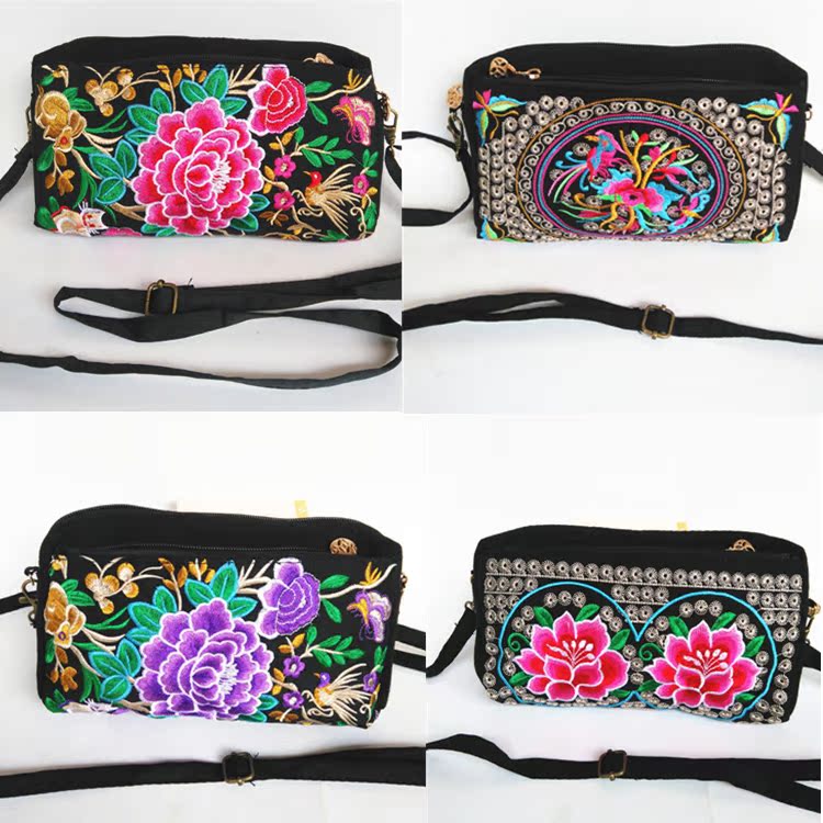 Ethnic style double-sided embroidered bag Vintage clutch bag Shoulder bag Casual bag crossbody embroidered bag 3-layer zipper wallet