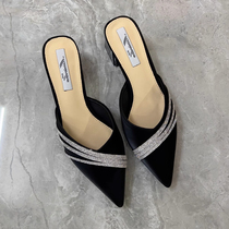 Small ckerwin Baotou half slippers 2024 summer new fashion pointed toe thick heel Mule sandals and slippers for women