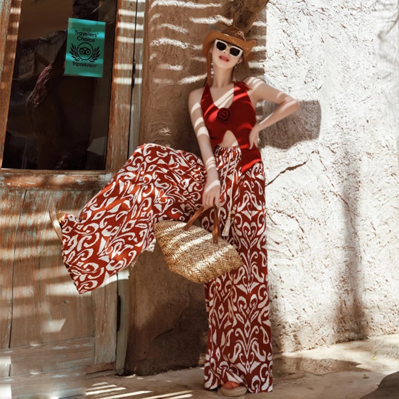 Bohemian Orange Lace-Up Wide-Leg Pants for Women, Beach Travel Outfit, Vacation Style Floral Pants, Ethnic Style Beach Pants