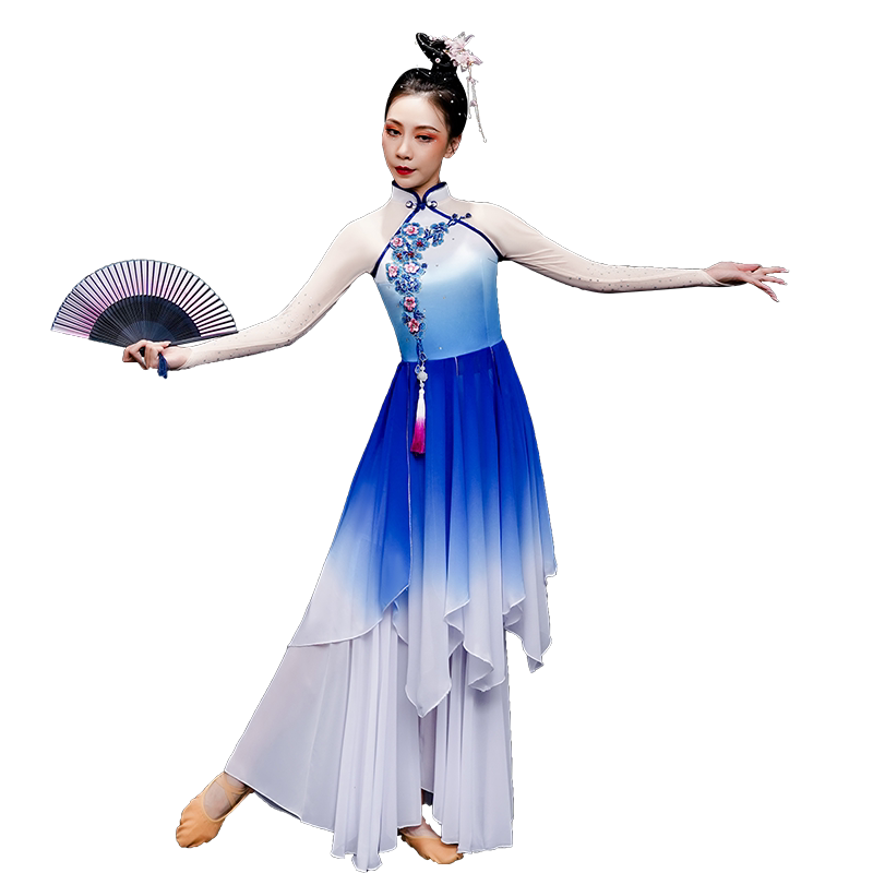 古典舞演出服女飘逸中国风蓝色套装秧歌舞舞蹈服装独舞扇子舞现代