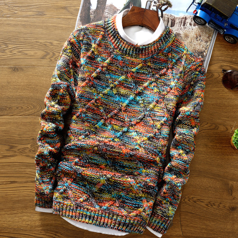 Pullover Sweater for Men, Fashionable Diamond Pattern Crew Neck Knitwear, Korean Style, Thickened, Slim Fit, Long Sleeve, Suitable for Spring, Autumn, and Winter