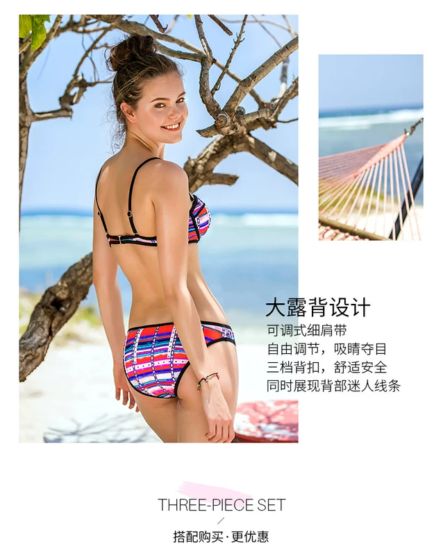 Sisia mới châu Âu và Mỹ màu kẻ sọc bikini ba mảnh ngực lớn gợi cảm ngực nhỏ tụ tập áo tắm ngày lễ phụ nữ - Bikinis do boi dep