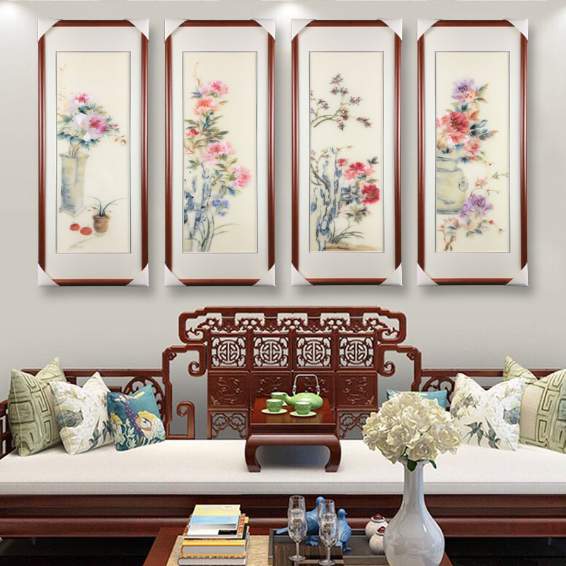 Su Embroidery 1-4 Silk Handmade Fine Peony Flower Embroidery Book Living Room Background Wall Quadruple Decorative Painting