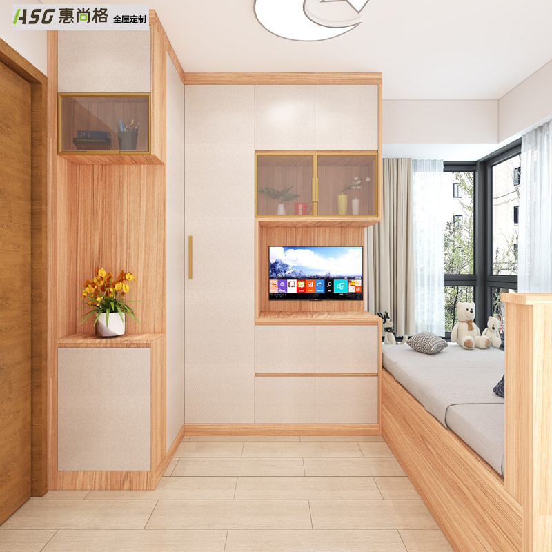 Huishang Hong Kong Living room floating window tatami bed design custom solid wood multilayer corner cabinet C cabinet furniture set to be made