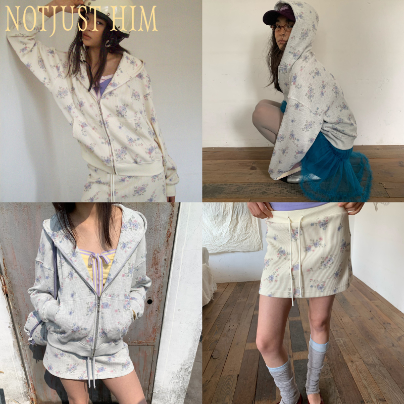 Floral Waffle Hooded Sweatshirt Jacket Ribbed Waistband Skirt Set