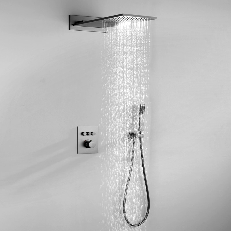 German Contemporary Full Copper Flying Rain Concealed thermostatic shower Shower Head Kit Entrance Wall Waterfall Button Gun Grey Black