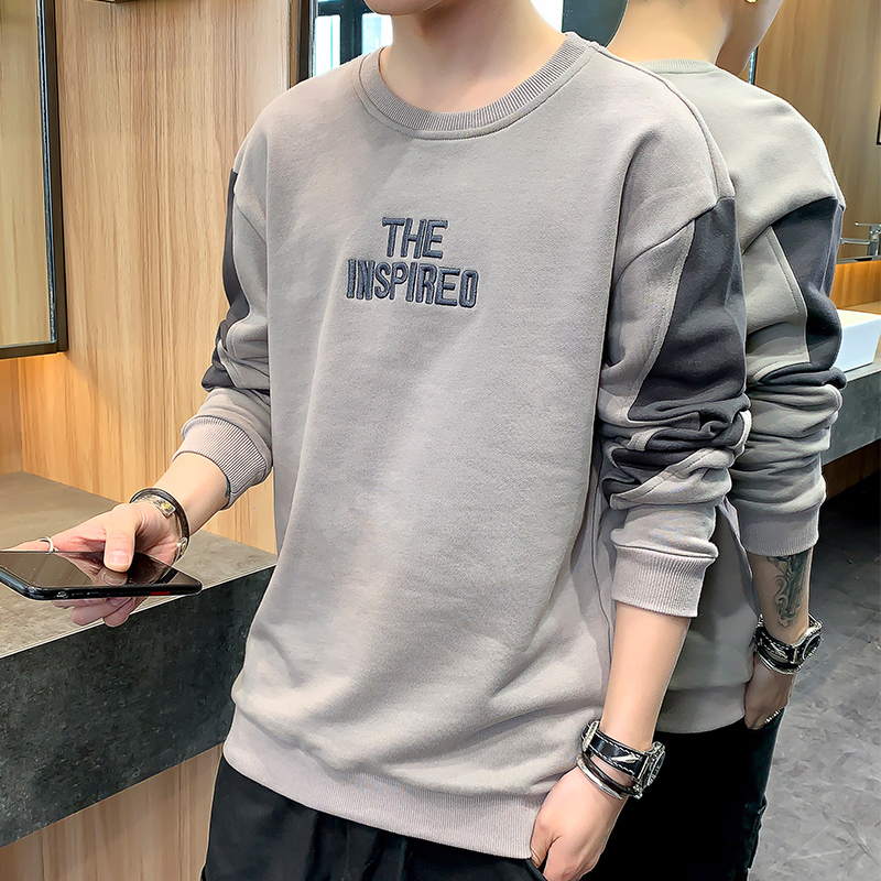 New long-sleeved T-shirt round neck stitching men's top clothes casual handsome trend sweater loose printed base shirt