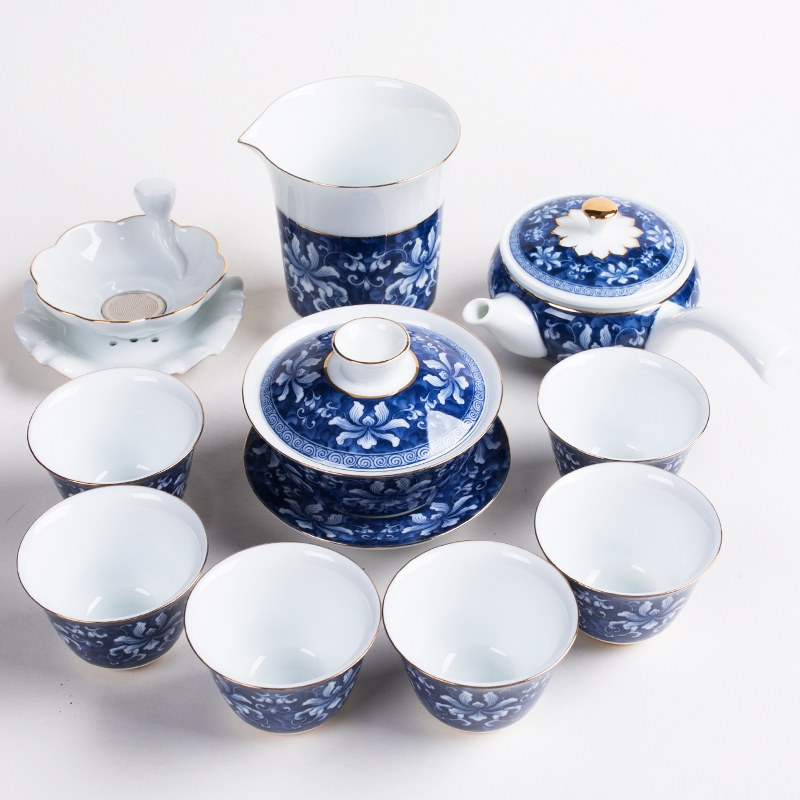 Qiao longed for a whole set of kung fu tea set of blue and white porcelain ceramic creative home office tea tea tea restoring ancient ways