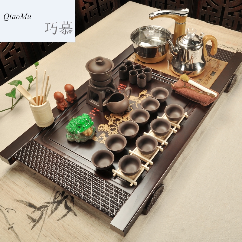 Qiao mu MG solid wood tea tray ceramic tea set household kung fu tea sets tea cups electrothermal furnace contracted bamboo