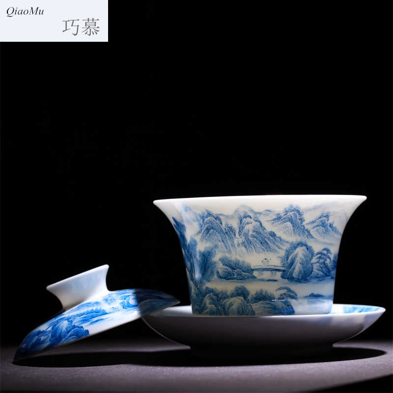 Qiao mu jingdezhen landscape hand - made hand grasp of blue and white porcelain tea tureen worship to use kung fu tea tea for a tea cup