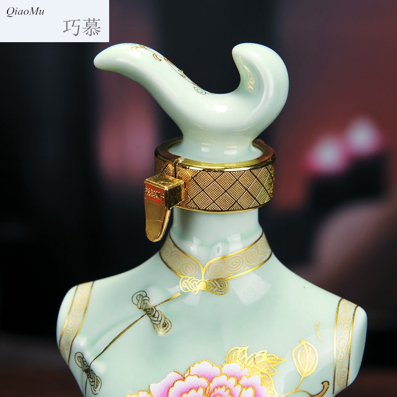 Qiao mu 1 catty jingdezhen ceramic bottle 1 catty capacity four cheongsam beauty JinHe seal wine wine jar