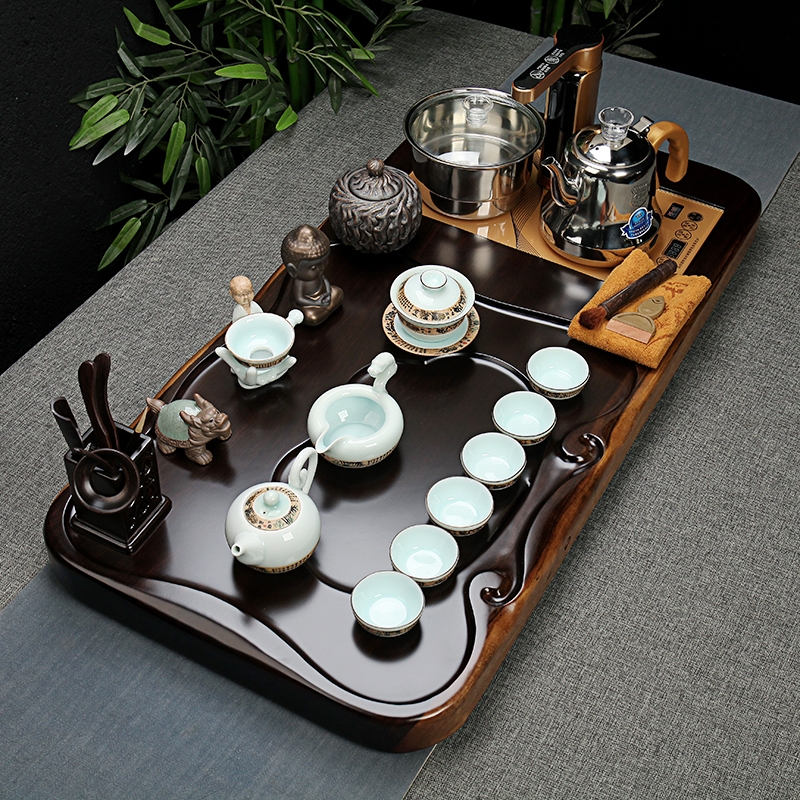 Qiao mu tea set ebony wood, ceramic purple sand tea tray was kung fu tea set of a complete set of full automatic quick furnace