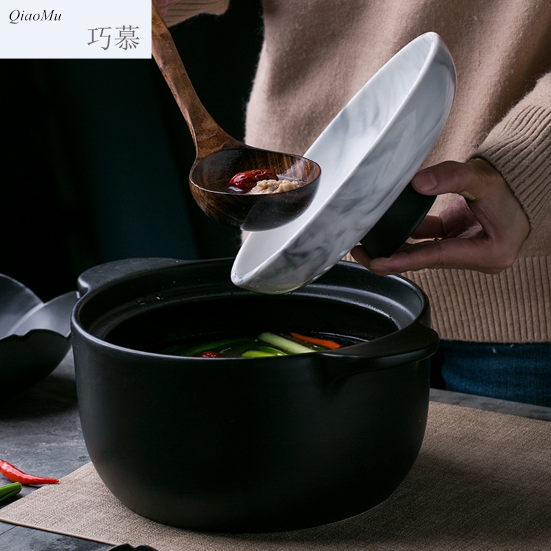 Qiao mu creative ceramic high - temperature casserole marble household stew soup pot 2.5 L ears against the congee hot pot